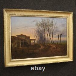 Peinture tableau ancien huile sur toile 19ème siècle cadre paysage personnages