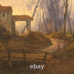 Peinture tableau ancien huile sur toile 19ème siècle cadre paysage personnages