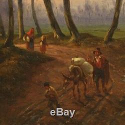 Peinture tableau ancien huile sur toile paysage avec personnages cadre 800