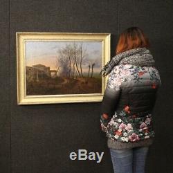 Peinture tableau ancien huile sur toile paysage avec personnages cadre 800