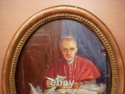 Petit Tableau Ancien Ovale Portrait Cardinal Huile Sur Carton Fort Encadre