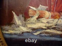 Petit Tableau Ancien Ovale Portrait Cardinal Huile Sur Carton Fort Encadre