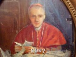 Petit Tableau Ancien Ovale Portrait Cardinal Huile Sur Carton Fort Encadre