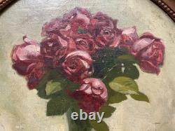 Pierre Bonnaud, bouquet de roses, huile sur toile, tableau ancien signé, encadré