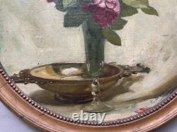 Pierre Bonnaud, bouquet de roses, huile sur toile, tableau ancien signé, encadré