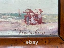 Pierre DAVAIN-LESAGE, plage animée, tableau ancien signé, huile sur panneau
