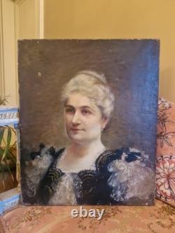 Portrait De Femme Ancien, Huile Sur toile