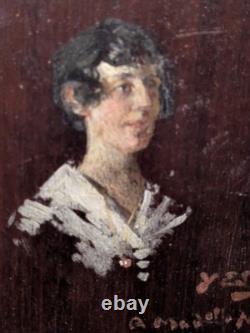 Portrait ancien femme signé Yves Edgar Muller Huile sur panneau bois 16x22 cm