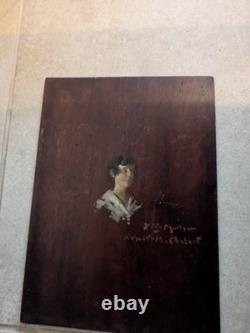 Portrait ancien femme signé Yves Edgar Muller Huile sur panneau bois 16x22 cm