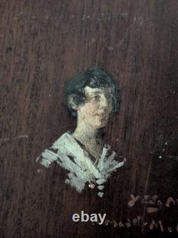 Portrait ancien femme signé Yves Edgar Muller Huile sur panneau bois 16x22 cm