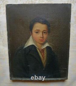 Portrait ancien, portrait d'un jeune homme, huile sur toile, signé, 1830