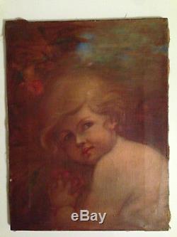 Portrait d'enfant ange putti huile sur toile ancienne XIX Celestin Nanteuil