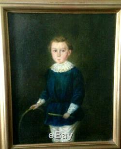 Portrait d'enfant au cerceau XIX huile sur toile ancienne jeune garçon