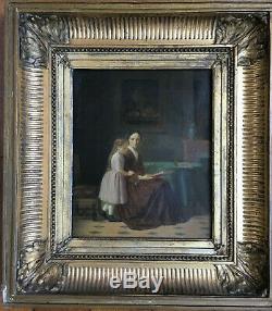 Portrait d'une femme et sa fille à la lecture XIX huile sur toile ancienne