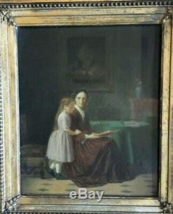 Portrait d'une femme et sa fille à la lecture XIX huile sur toile ancienne