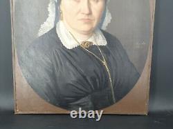 Portrait de femme ancien, huile sur toile signée, XIX ème s
