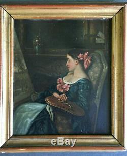 Portrait de femme artiste peintre à l'atelier XIX XX huile sur toile ancienne