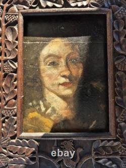 Portrait de jeune femme Huile sur panneau XVIIIe Cadre sculpté ancien