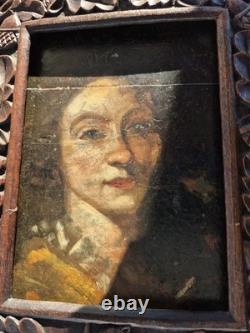 Portrait de jeune femme Huile sur panneau XVIIIe Cadre sculpté ancien