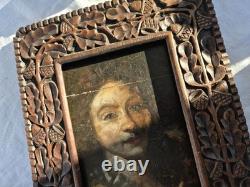 Portrait de jeune femme Huile sur panneau XVIIIe Cadre sculpté ancien