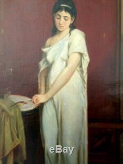 Portrait femme à l'oiseau huile sur toile ancienne XIX noble empire antique