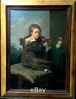 Portrait jeune fille à la poupée enfant jouet XIX huile sur toile ancienne noble
