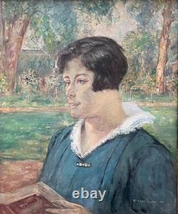 Richard Ranft, portrait de femme au jardin, tableau ancien signé, peinture