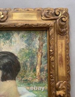 Richard Ranft, portrait de femme au jardin, tableau ancien signé, peinture