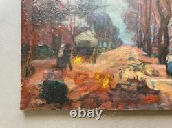 Rue animée, huile sur toile, signature à identifier, tableau ancien, peinture