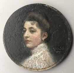 SALLES Robert Tableau Ancien Miniature Portrait de Jeune Femme Peinture XIXème