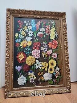 SUPERBE HUILE SUR TOILE / Tableau Ancien Nature morte Fleurs & Papillons Vintage