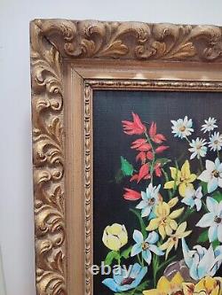 SUPERBE HUILE SUR TOILE / Tableau Ancien Nature morte Fleurs & Papillons Vintage