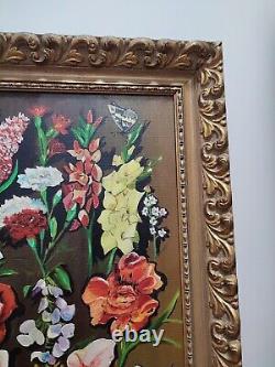 SUPERBE HUILE SUR TOILE / Tableau Ancien Nature morte Fleurs & Papillons Vintage