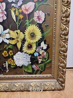 SUPERBE HUILE SUR TOILE / Tableau Ancien Nature morte Fleurs & Papillons Vintage