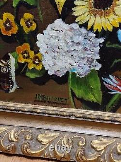 SUPERBE HUILE SUR TOILE / Tableau Ancien Nature morte Fleurs & Papillons Vintage