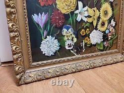 SUPERBE HUILE SUR TOILE / Tableau Ancien Nature morte Fleurs & Papillons Vintage