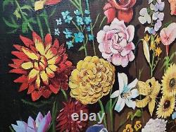 SUPERBE HUILE SUR TOILE / Tableau Ancien Nature morte Fleurs & Papillons Vintage
