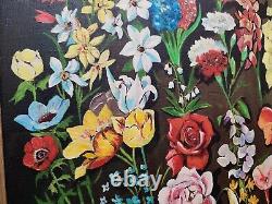 SUPERBE HUILE SUR TOILE / Tableau Ancien Nature morte Fleurs & Papillons Vintage