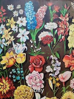 SUPERBE HUILE SUR TOILE / Tableau Ancien Nature morte Fleurs & Papillons Vintage