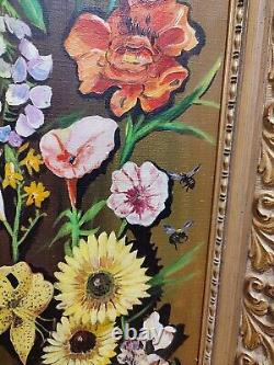 SUPERBE HUILE SUR TOILE / Tableau Ancien Nature morte Fleurs & Papillons Vintage
