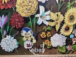 SUPERBE HUILE SUR TOILE / Tableau Ancien Nature morte Fleurs & Papillons Vintage
