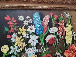 SUPERBE HUILE SUR TOILE / Tableau Ancien Nature morte Fleurs & Papillons Vintage