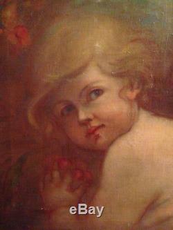 Superbe portrait d'enfant ange putti XIX huile sur toile ancienne