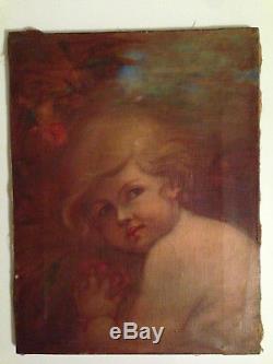 Superbe portrait d'enfant ange putti XIX huile sur toile ancienne