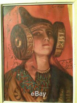 Superbe portrait femme symboliste dame elche orientaliste huile sur toile ancien