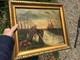 Tableau Ancien Huile Sur Toile Sign&eacute; Chariot Au Bord Du Canal