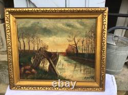 TABLEAU ANCIEN HUILE SUR TOILE signé CHARIOT AU BORD DU CANAL