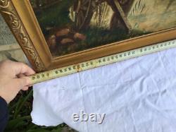 TABLEAU ANCIEN HUILE SUR TOILE signé CHARIOT AU BORD DU CANAL