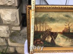 TABLEAU ANCIEN HUILE SUR TOILE signé CHARIOT AU BORD DU CANAL