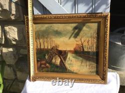TABLEAU ANCIEN HUILE SUR TOILE signé CHARIOT AU BORD DU CANAL